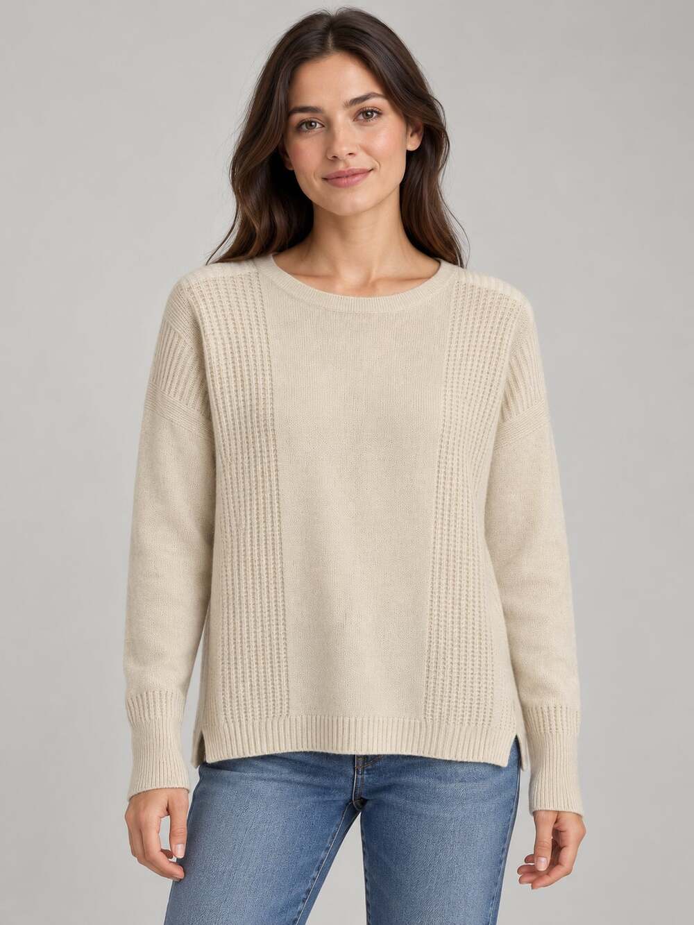 White + Warren Alabaster Cream Cashmere Mixed Waffle Stitch Crewneck Sweater M